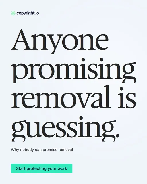 Video for copyright.io: "Anyone promising removal is guessing.". Doc motion loop, 7.0 s, light palette.