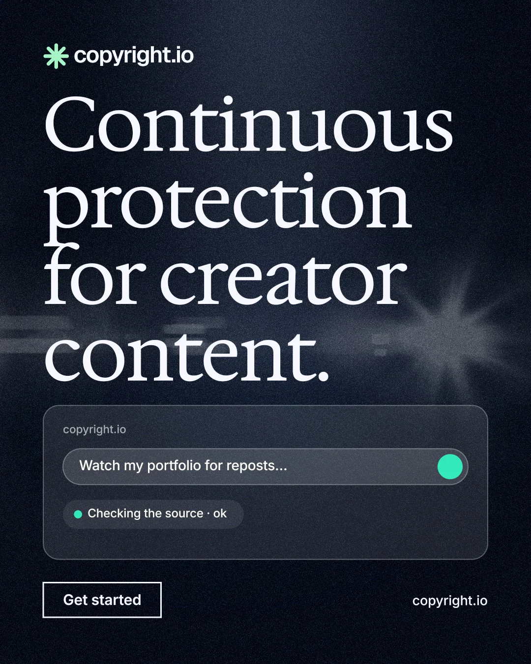 Instagram portrait post for copyright.io: "Continuous protection for creator content." Dark deco style, poster layout, dark palette in black, blue, grey.