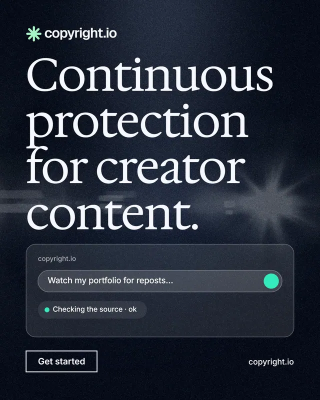 Instagram portrait post for copyright.io: "Continuous protection for creator content." Dark deco style, poster layout, dark palette in black, blue, grey.