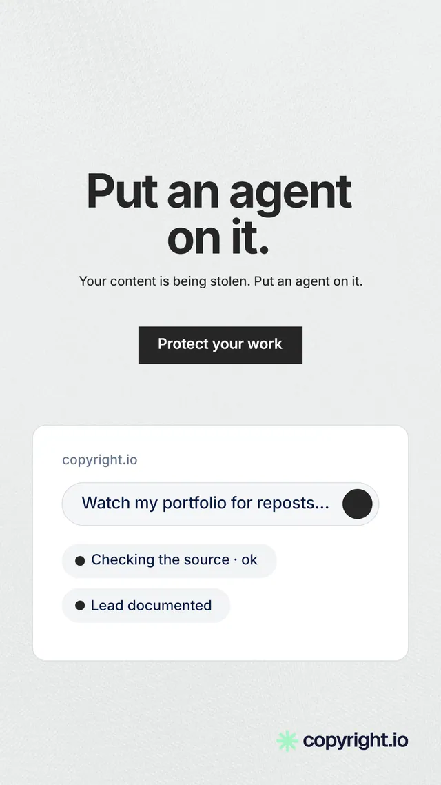 Instagram story for copyright.io: "Put an agent on it." Swiss style, centred layout, light palette in white, grey.