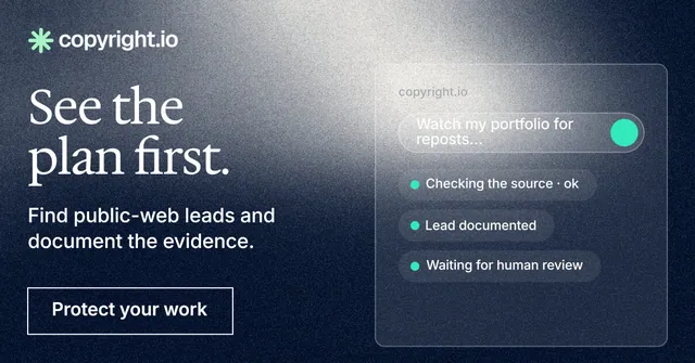 Social ad for copyright.io: "See the plan first." Cyanotype style, bottom layout, dark palette in blue, black, grey.