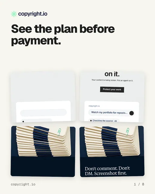Carousel for copyright.io: "See the plan before payment.". Collection carousel, 8 slides, light palette.