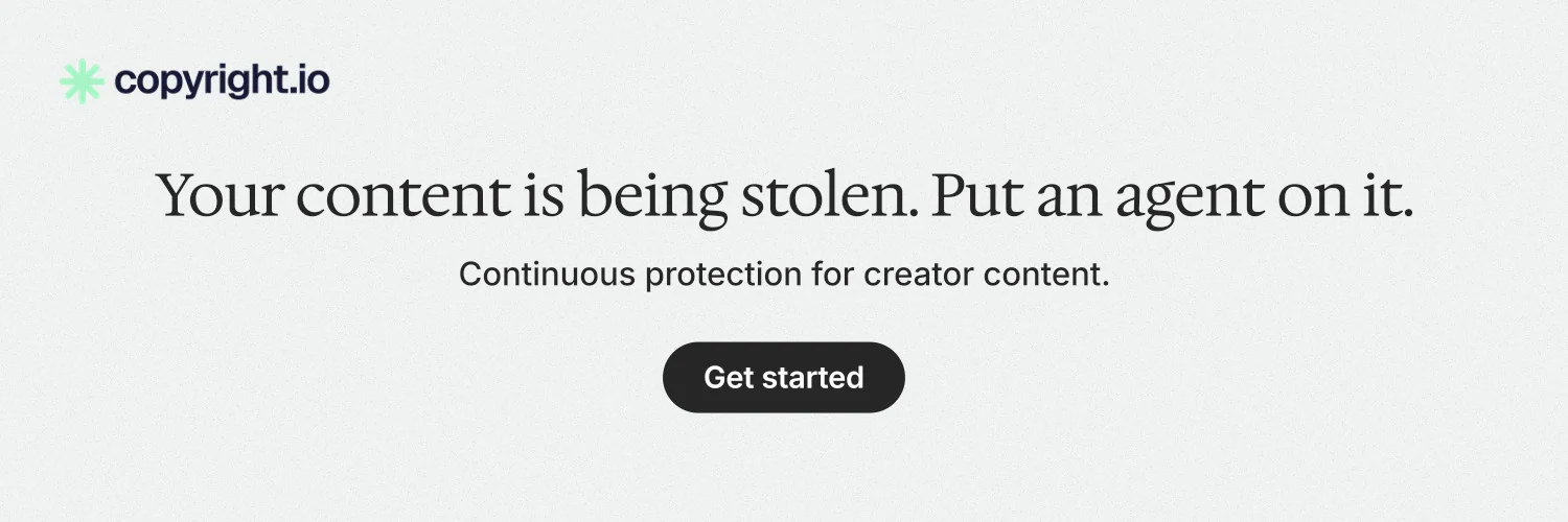X header for copyright.io: "Your content is being stolen. Put an agent on it." Data card style, centred layout, light palette in white.