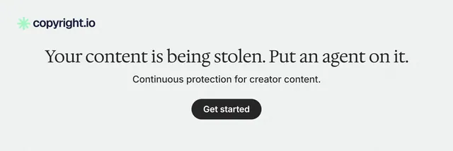 X header for copyright.io: "Your content is being stolen. Put an agent on it." Data card style, centred layout, light palette in white.