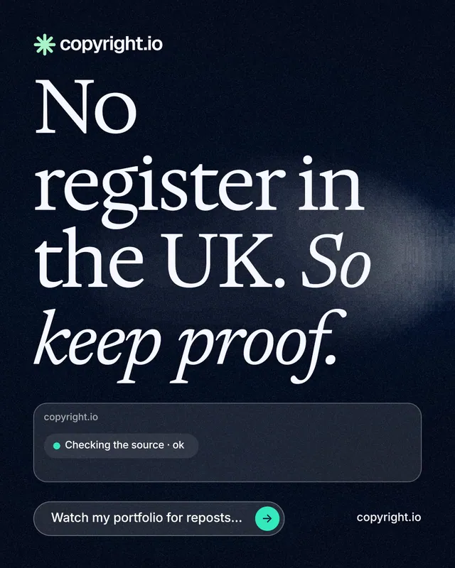 Instagram portrait post for copyright.io: "No register in the UK. So keep proof." Thermal style, poster layout, dark palette in blue, black, grey.