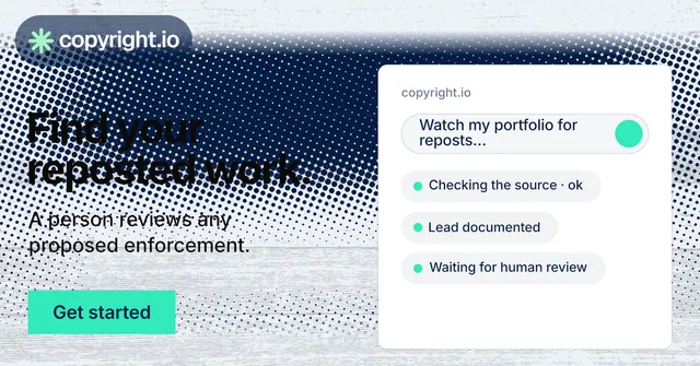 Social ad for copyright.io: "Find your reposted work." Swiss style, bottom layout, light palette in teal, blue, grey.