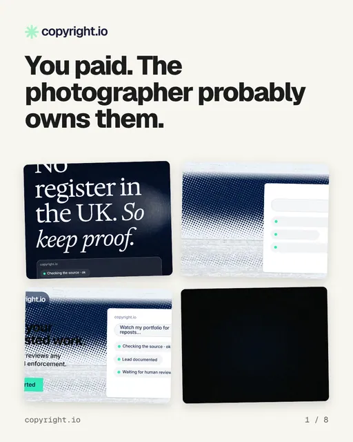 Carousel for copyright.io: "You paid. The photographer probably owns them.". Collection carousel, 8 slides, light palette.