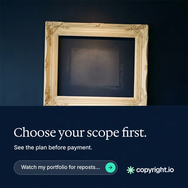 Instagram post for copyright.io: "Choose your scope first." Agentic glass style, bottom layout, dark palette in black, blue, grey.