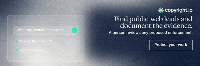 X header for copyright.io: "Find public-web leads and document the evidence." Cyanotype style, right layout, light palette in blue, grey, white.
