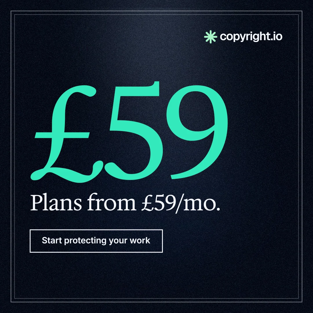 Instagram post for copyright.io: "Your content is being stolen. Put an agent on it." Dark deco style, stat layout, dark palette in black, teal.