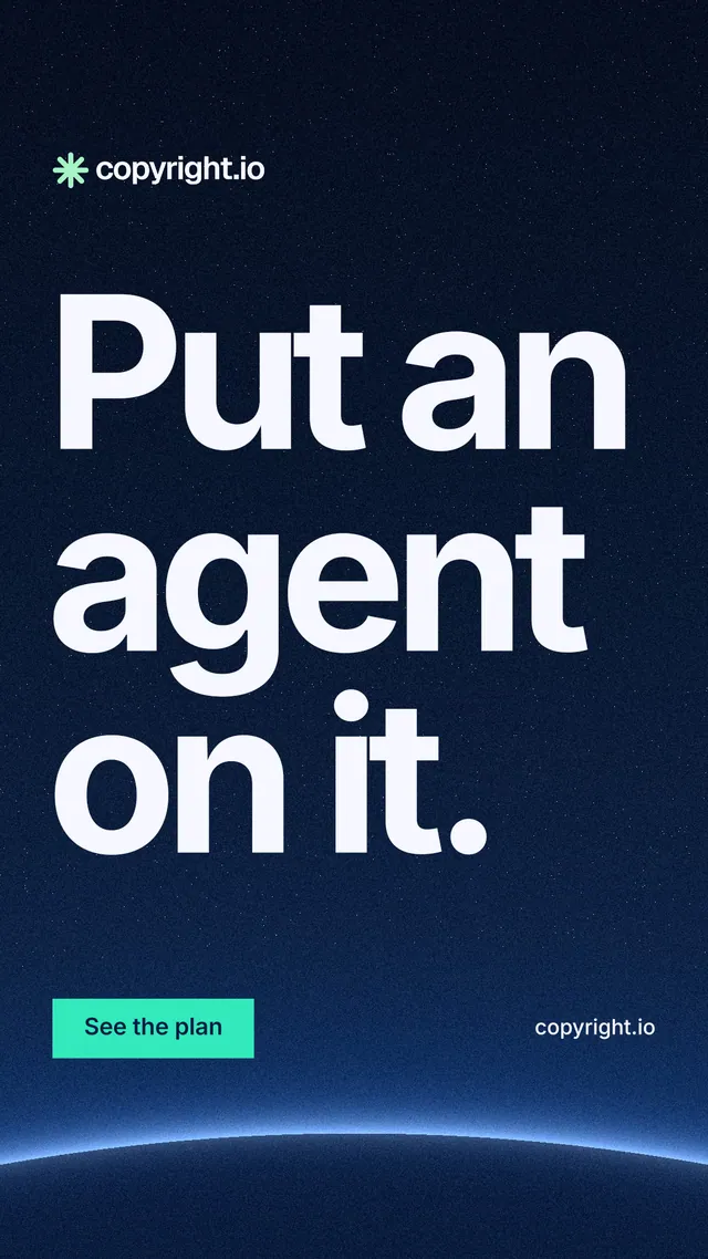 Instagram story for copyright.io: "Put an agent on it." Swiss style, poster layout, dark palette in blue, black.