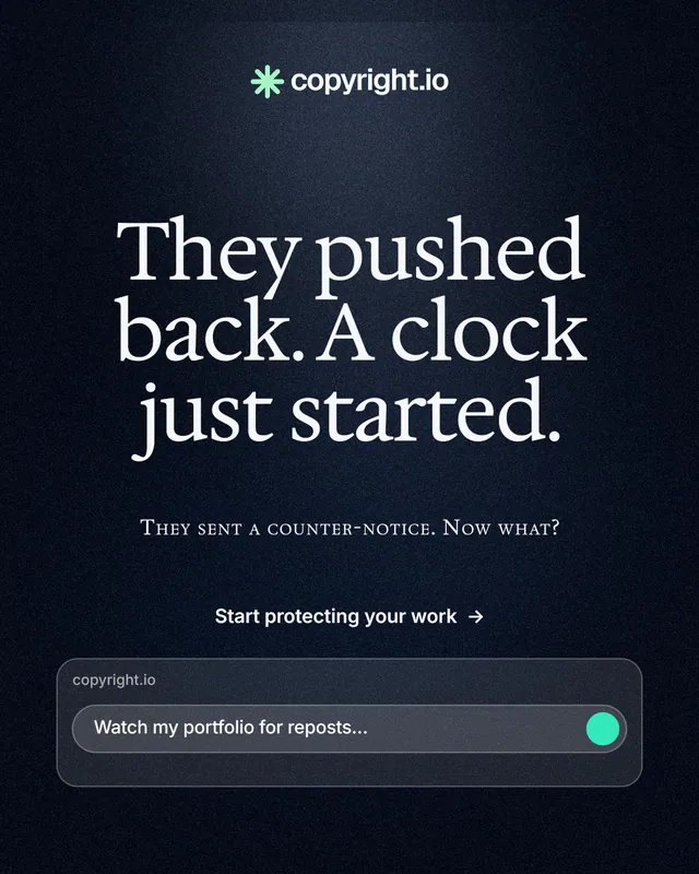 Instagram portrait post for copyright.io: "They pushed back. A clock just started." Dark deco style, smallcaps layout, dark palette in black, blue, grey.