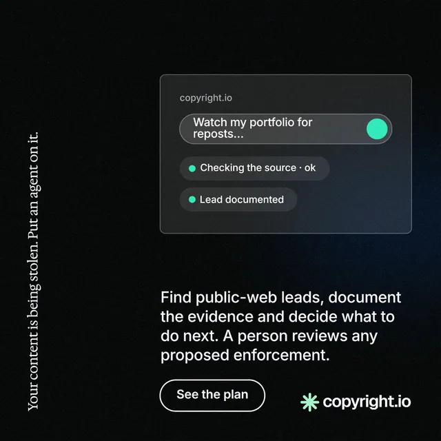 Instagram post for copyright.io: "Your content is being stolen. Put an agent on it." Phosphor atlas style, vertical layout, dark palette in black, grey.