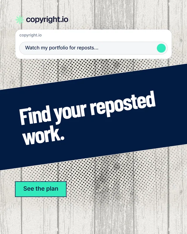 Instagram portrait post for copyright.io: "Find your reposted work." Ink sticker style, diagonal layout, light palette in white, blue, grey.