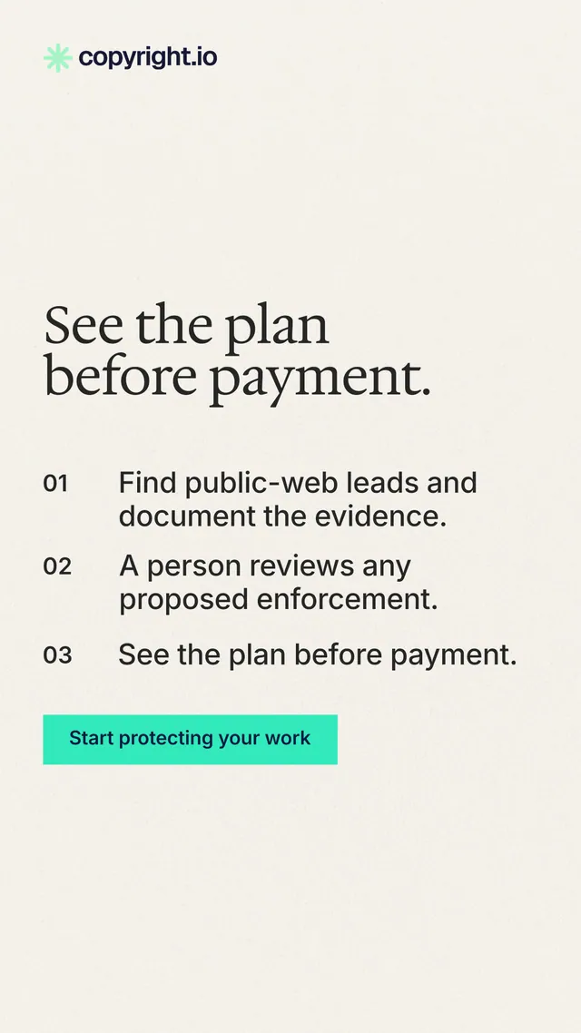 Instagram story for copyright.io: "See the plan before payment." Swiss style, numbered layout, light palette in white, grey.