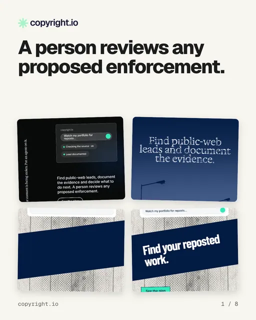 Carousel for copyright.io: "A person reviews any proposed enforcement.". Collection carousel, 8 slides, light palette.
