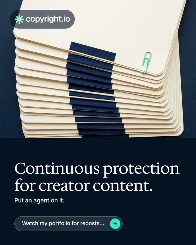 Instagram portrait post for copyright.io: "Continuous protection for creator content." Agentic glass style, bottom layout, dark palette in yellow, black, blue.