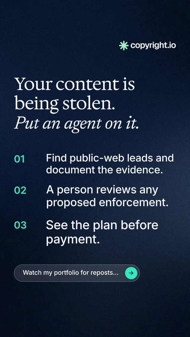 Instagram story for copyright.io: "Your content is being stolen. Put an agent on it." Agentic glass style, numbered layout, dark palette in blue, black.
