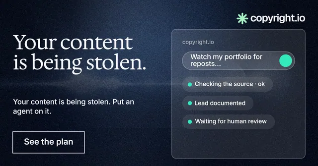 Social ad for copyright.io: "Your content is being stolen." Dark deco style, bottom layout, dark palette in blue, black, grey.