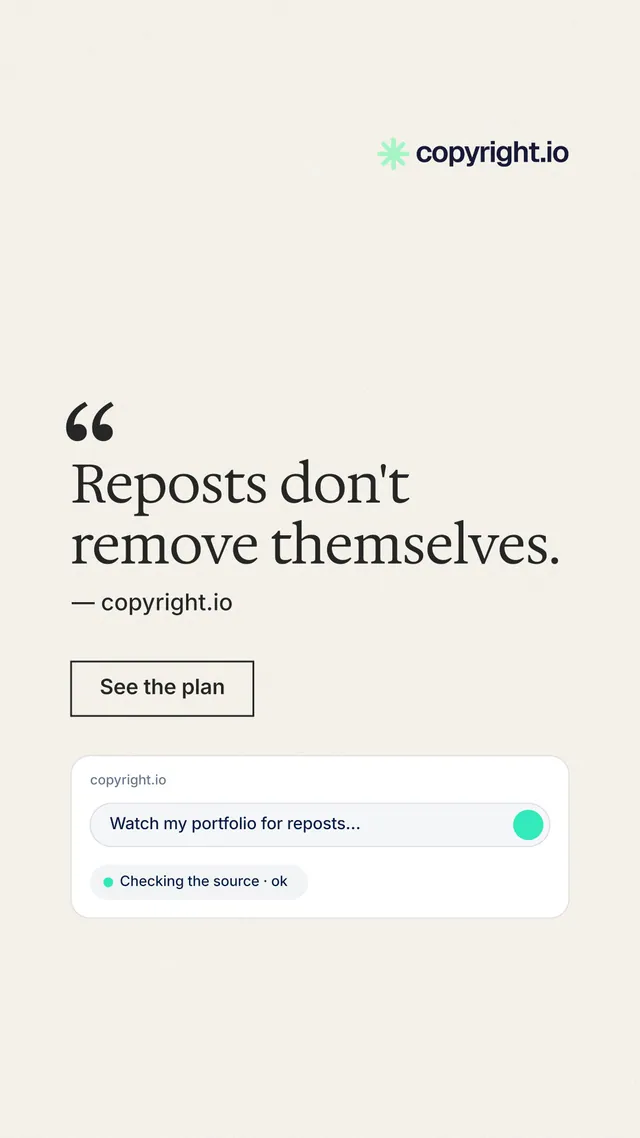 Instagram story for copyright.io: "Reposts don't remove themselves." Editorial style, quote layout, light palette in white.