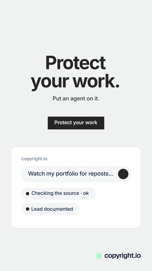 Instagram story for copyright.io: "Protect your work." Swiss style, centred layout, light palette in white.