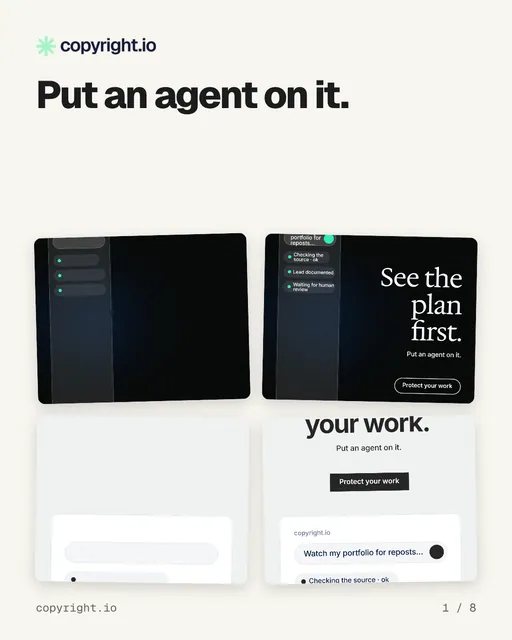 Carousel for copyright.io: "Put an agent on it.". Collection carousel, 8 slides, light palette.