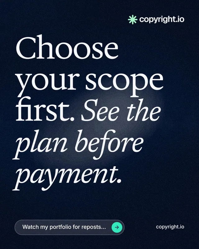 Instagram portrait post for copyright.io: "Choose your scope first. See the plan before payment." Thermal style, poster layout, dark palette in black, blue, grey.
