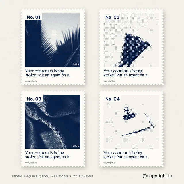 Instagram post for copyright.io: "Your content is being stolen. Put an agent on it." Sheet style, technique:stamp series layout, light palette in white, grey.
