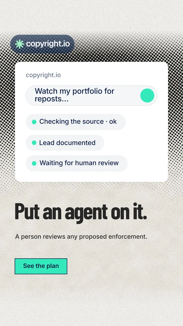 Instagram story for copyright.io: "Put an agent on it." Ink sticker style, bottom layout, light palette in white, grey.