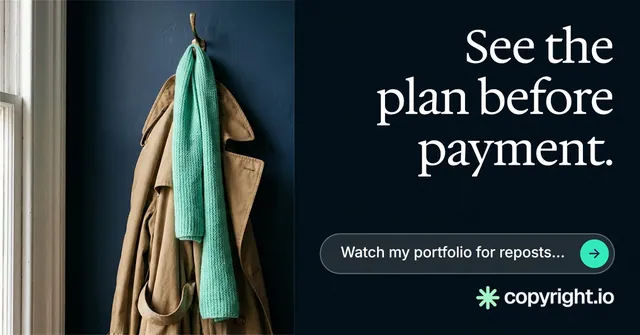 Social ad for copyright.io: "See the plan before payment." Agentic glass style, right layout, dark palette in black, grey.