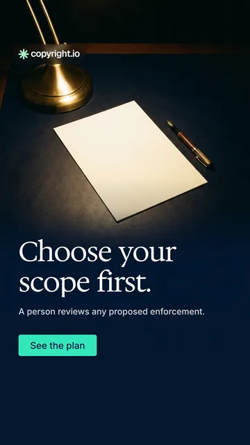 Video for copyright.io: "Choose your scope first.". Doc motion loop, 8.0 s, dark palette.