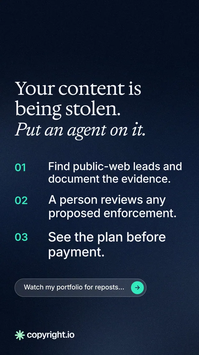 Instagram story for copyright.io: "Your content is being stolen. Put an agent on it." Agentic glass style, numbered layout, dark palette in blue, black.