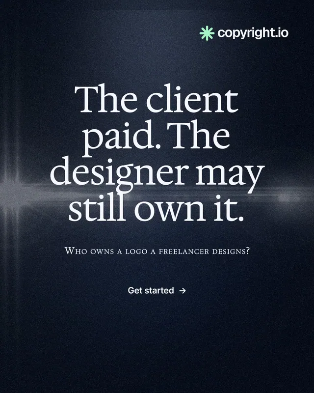 Instagram portrait post for copyright.io: "The client paid. The designer may still own it." Dark deco style, smallcaps layout, dark palette in blue, black, grey.
