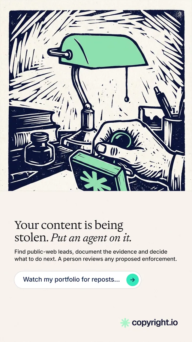 Instagram story for copyright.io: "Your content is being stolen. Put an agent on it." Agentic glass style, bottom layout, light palette in white, grey.