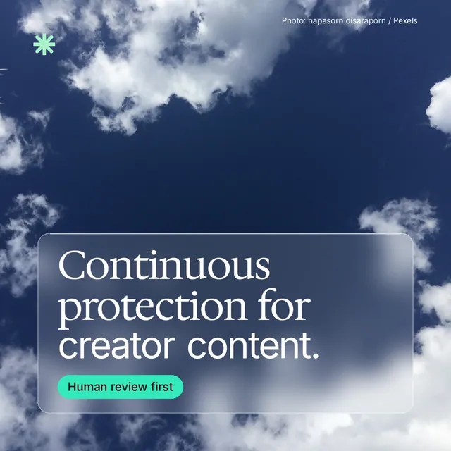 Instagram post for copyright.io: "Continuous protection for creator content." Glass style, technique:pexels ingredient layout, dark palette in grey, blue.