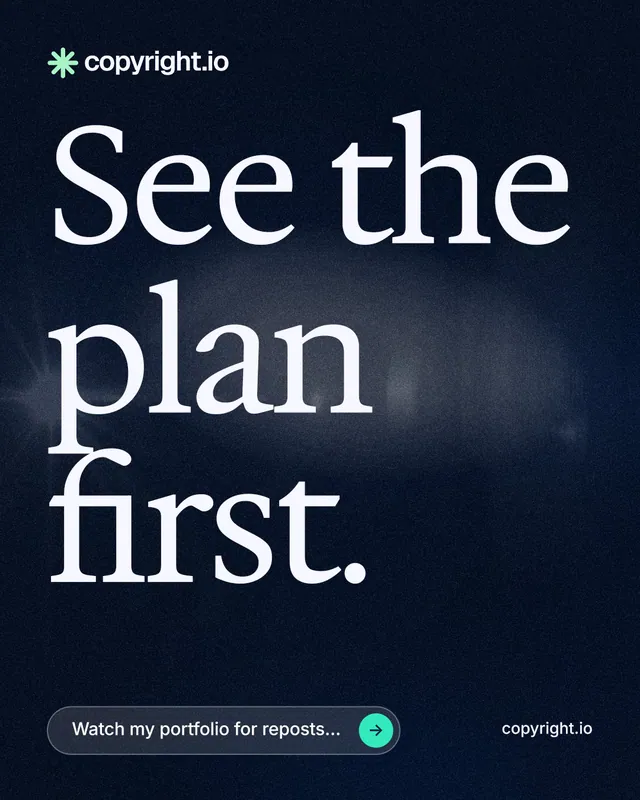 Instagram portrait post for copyright.io: "See the plan first." Thermal style, poster layout, dark palette in blue, black, grey.