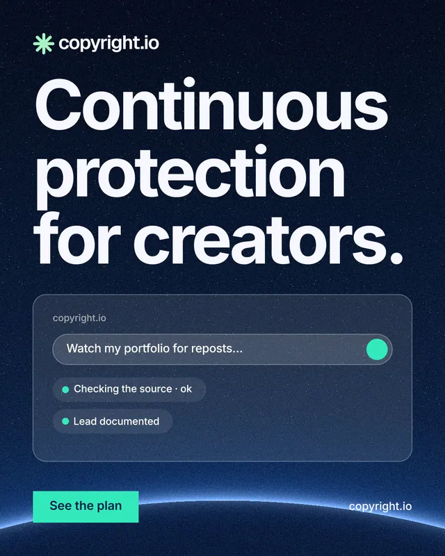 Instagram portrait post for copyright.io: "Continuous protection for creators." Swiss style, poster layout, dark palette in blue, black, grey.