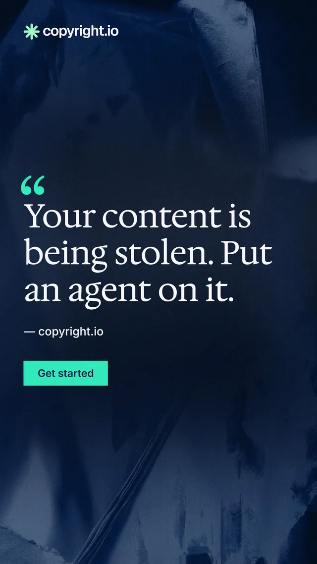 Instagram story for copyright.io: "Your content is being stolen. Put an agent on it." Swiss style, quote layout, dark palette in blue, black.