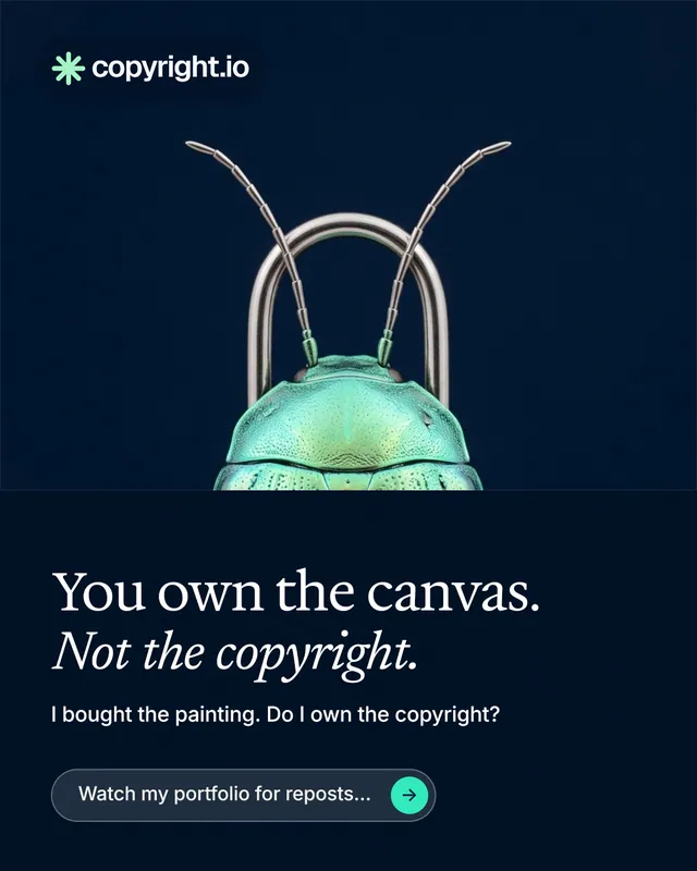 Instagram portrait post for copyright.io: "You own the canvas. Not the copyright." Agentic glass style, bottom layout, dark palette in black, blue.