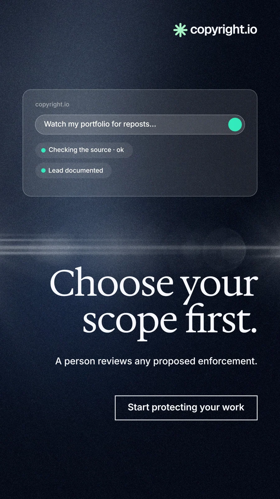 Instagram story for copyright.io: "Choose your scope first." Dark deco style, right layout, dark palette in blue, black, grey.