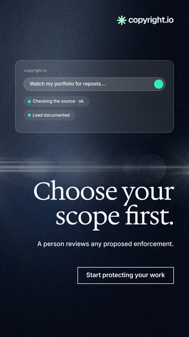 Instagram story for copyright.io: "Choose your scope first." Dark deco style, right layout, dark palette in blue, black, grey.
