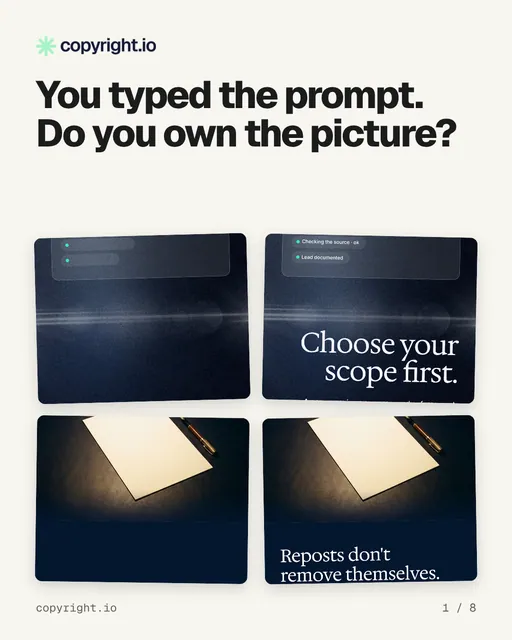Carousel for copyright.io: "You typed the prompt. Do you own the picture?". Collection carousel, 8 slides, light palette.