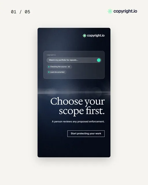 Video for copyright.io. Ad flipbook, 7.5 s, light palette.