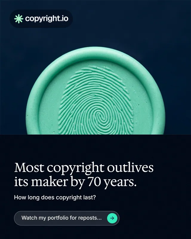 Instagram portrait post for copyright.io: "Most copyright outlives its maker by 70 years." Agentic glass style, bottom layout, dark palette in black, teal, blue.