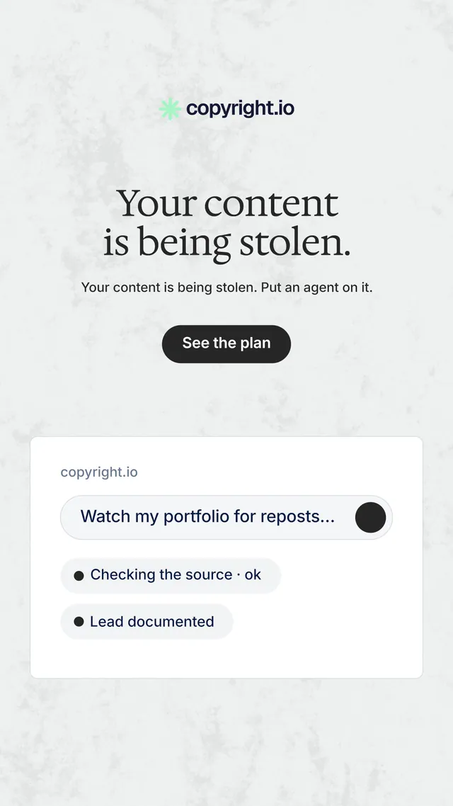 Instagram story for copyright.io: "Your content is being stolen." Data card style, centred layout, light palette in white, grey.