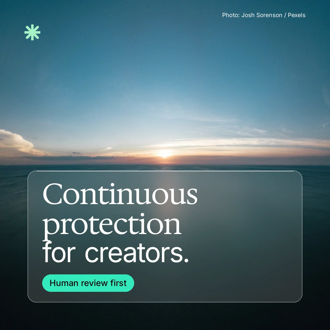Instagram post for copyright.io: "Continuous protection for creators." Glass style, technique:pexels ingredient layout, dark palette in teal, blue.
