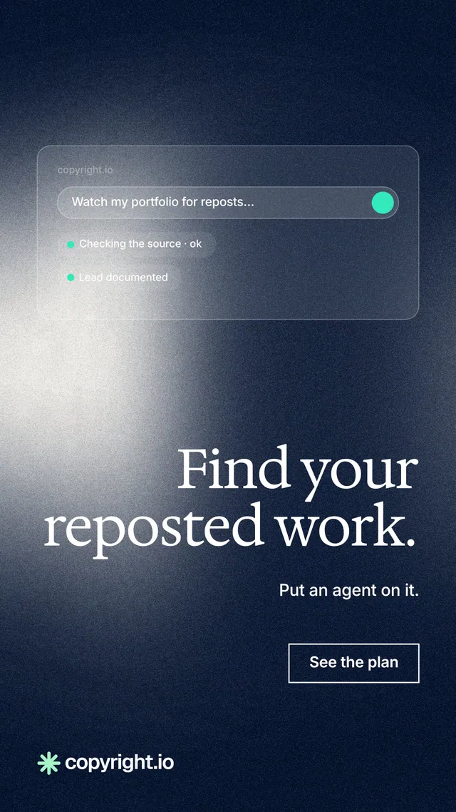 Instagram story for copyright.io: "Find your reposted work." Cyanotype style, right layout, dark palette in blue, black, grey.