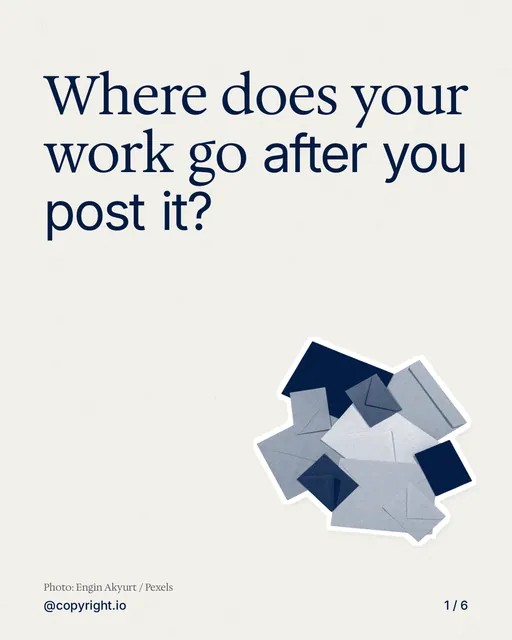 Carousel for copyright.io: "Where does your work go after you post it?". Cutout essay, 6 slides, light palette.