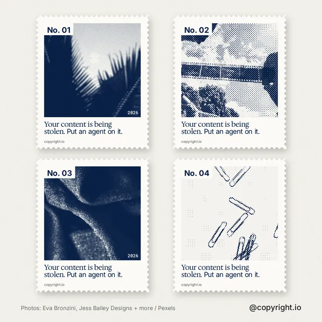 Instagram post for copyright.io: "Your content is being stolen. Put an agent on it." Sheet style, technique:stamp series layout, light palette in white, blue.