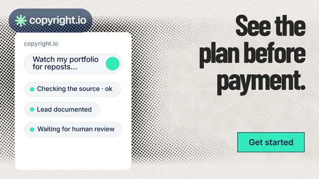 Landscape graphic for copyright.io: "See the plan before payment." Ink sticker style, right layout, light palette in white, grey.